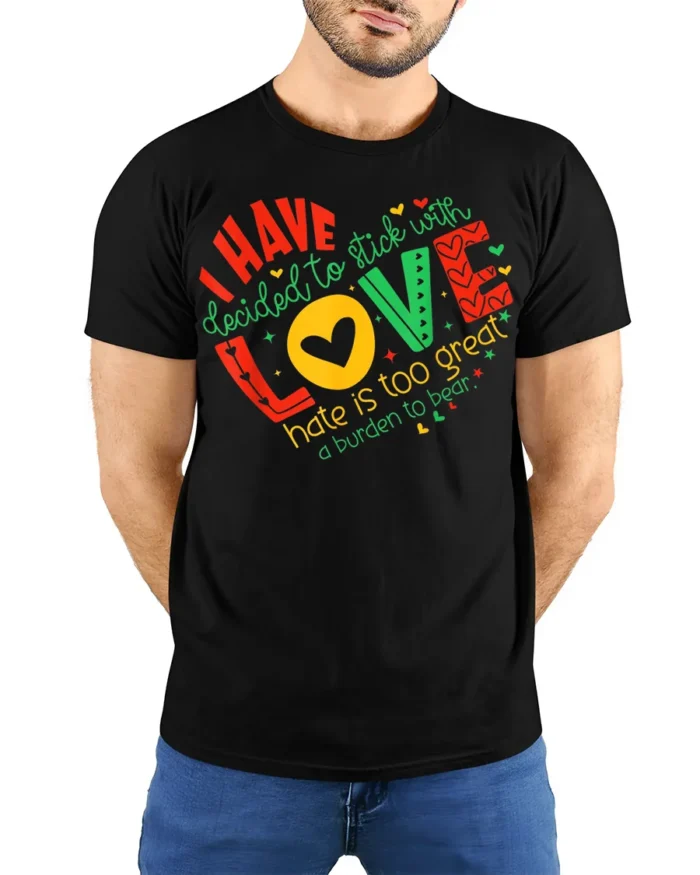 Inspirational Love Over Hate Quote T-Shirt - model wearing black shirt, hands behind back