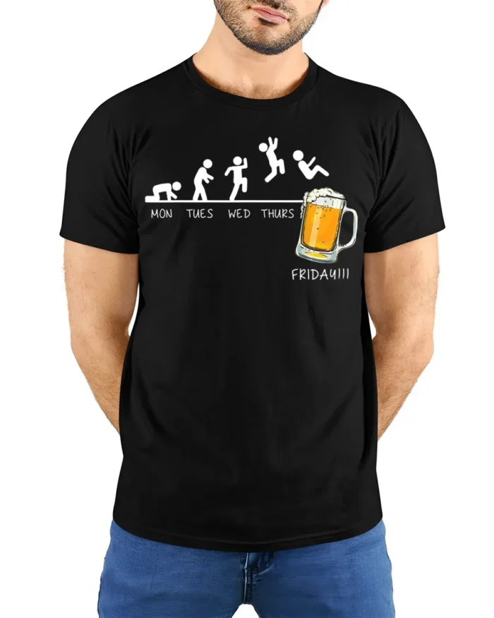 Funny Beer Friday Evolution Drinking T-Shirt - model wearing black shirt, hands behind back