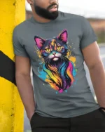 Colorful Neon Cat Art Print Graphic T-Shirt - model in grey shirt leaning against column