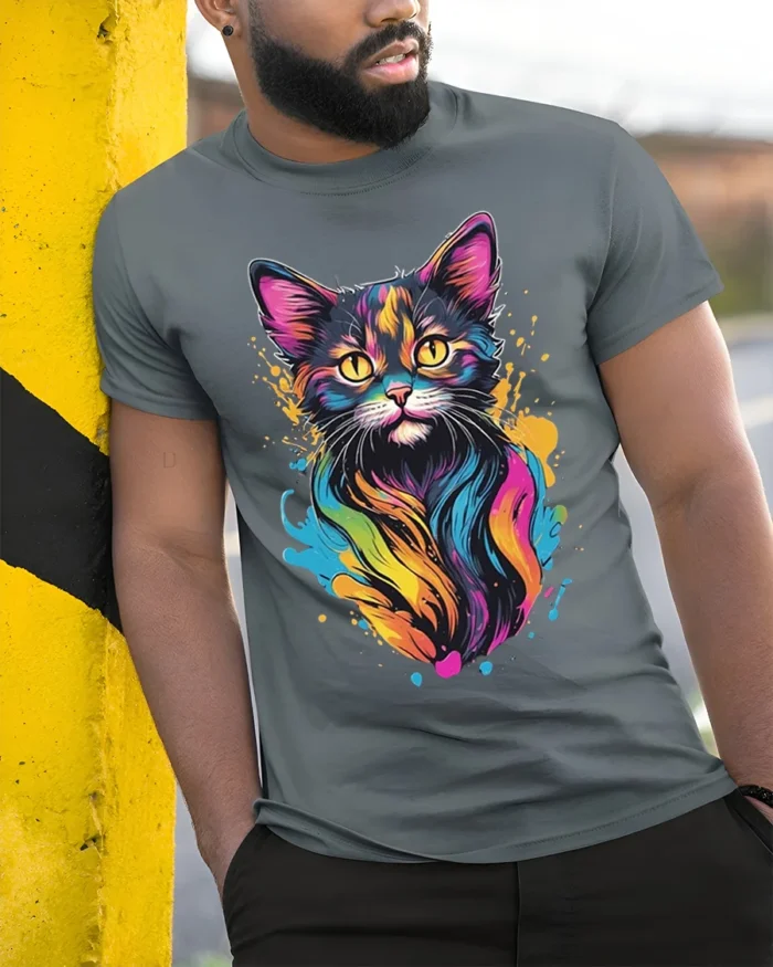 Colorful Neon Cat Art Print Graphic T-Shirt - model in grey shirt leaning against column