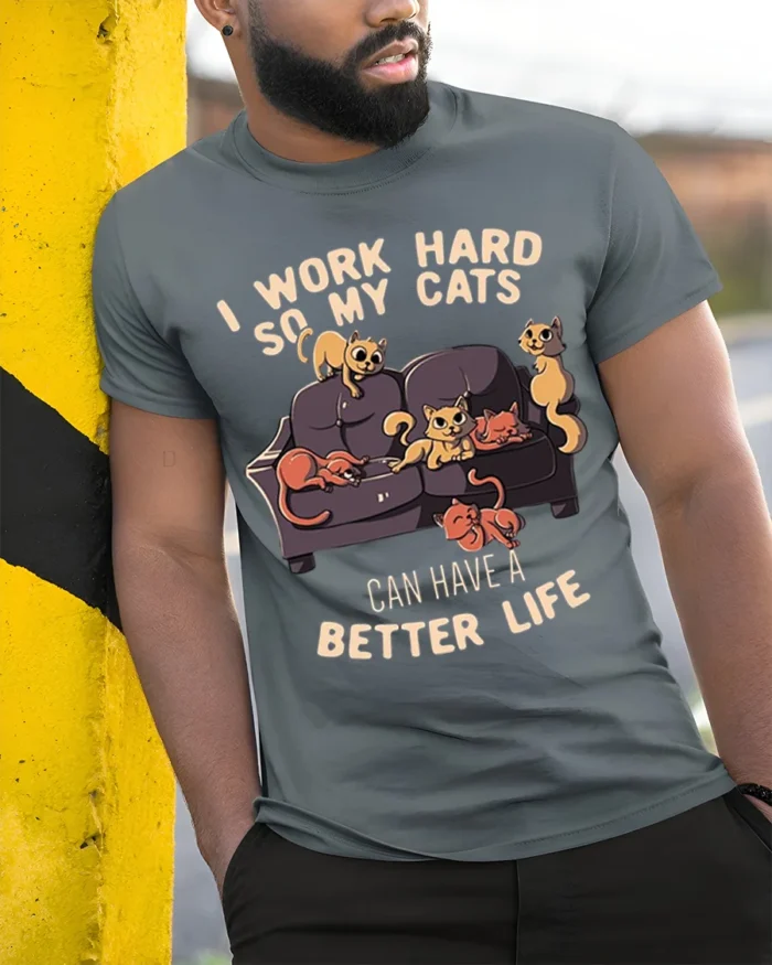 Funny Work Hard So My Cats Better Life T-Shirt - model in grey shirt leaning against column