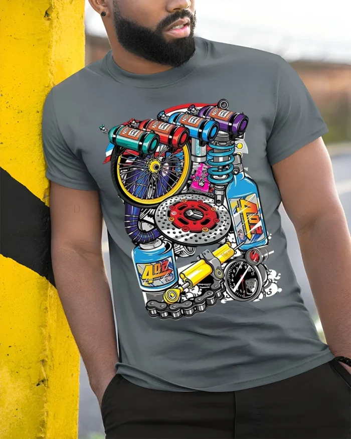 Colorful Racing Engine Parts Graphic T-Shirt - model in grey shirt leaning against column