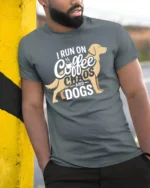 Funny Coffee Chaos and Dogs Lover T-Shirt - model in grey shirt leaning against column