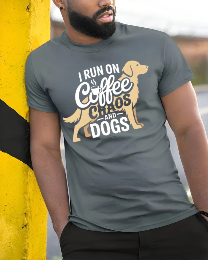 Funny Coffee Chaos and Dogs Lover T-Shirt - model in grey shirt leaning against column