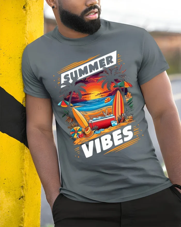Summer Vibes Beach Sunset Surfing T-Shirt - model in grey shirt leaning against column