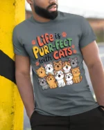 Life Is Purr-Fect With Cats Funny Graphic T-Shirt - model in grey shirt leaning against column