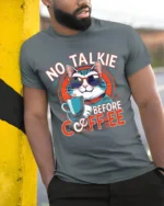 No Talkie Before Coffee Funny Cat T-Shirt - model in grey shirt leaning against column