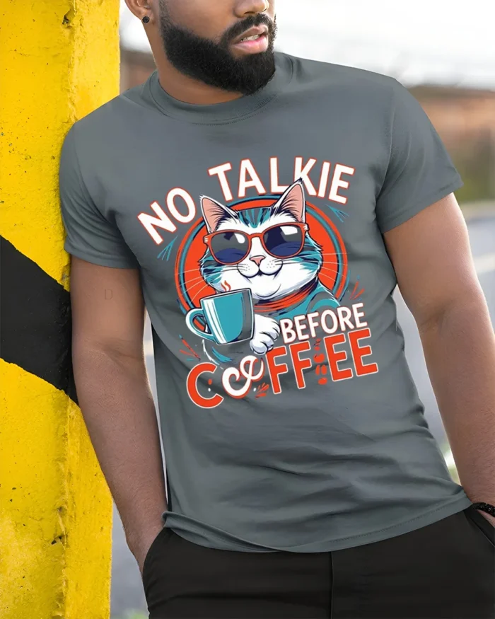 No Talkie Before Coffee Funny Cat T-Shirt - model in grey shirt leaning against column