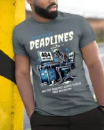Haunted By Deadlines Funny Skeleton T-Shirt - model in grey shirt leaning against column