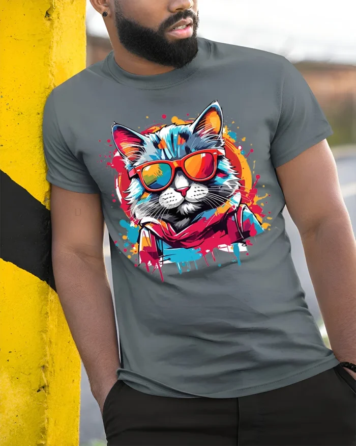 Cool Neon Cat Sunglasses Streetwear T-Shirt - model in grey shirt leaning against column