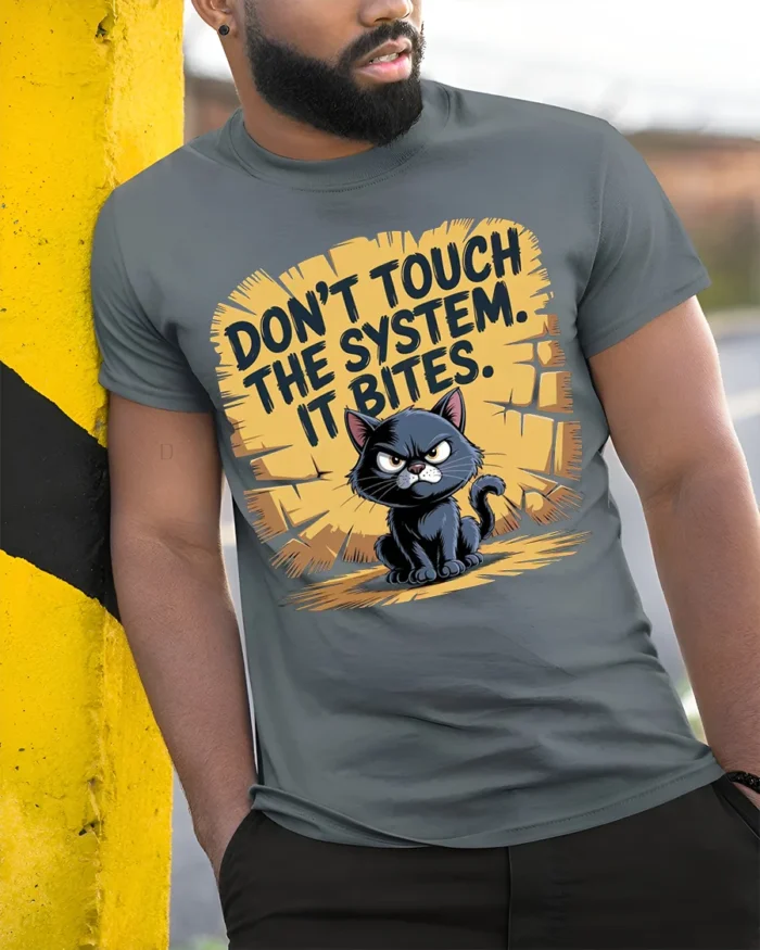 Funny Angry Cat Don’t Touch System T-Shirt - model in grey shirt leaning against column