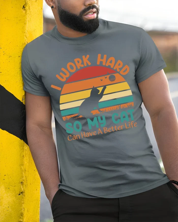 Retro Work Hard For My Cat Better Life T-Shirt - model in grey shirt leaning against column
