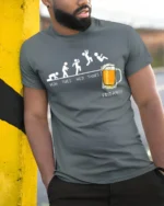 Funny Beer Friday Evolution Drinking T-Shirt - model in grey shirt leaning against column
