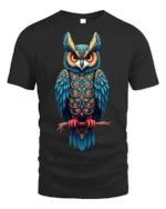 Colorful Ornate Owl Spirit Graphic T-Shirt - black t-shirt on white background