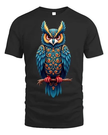Colorful Ornate Owl Spirit Graphic T-Shirt - black t-shirt on white background