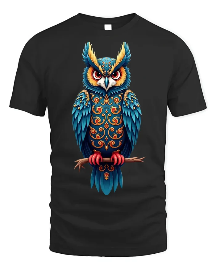 Colorful Ornate Owl Spirit Graphic T-Shirt - black t-shirt on white background