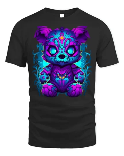 Neon Cyber Bear Fantasy Graphic T-Shirt - black t-shirt on white background