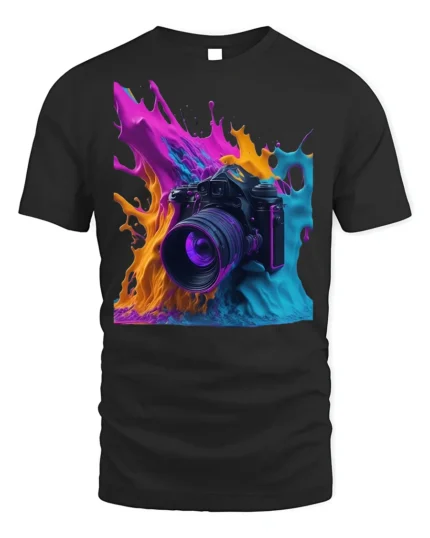 Color Splash Camera Photography Graphic T-Shirt - black t-shirt on white background
