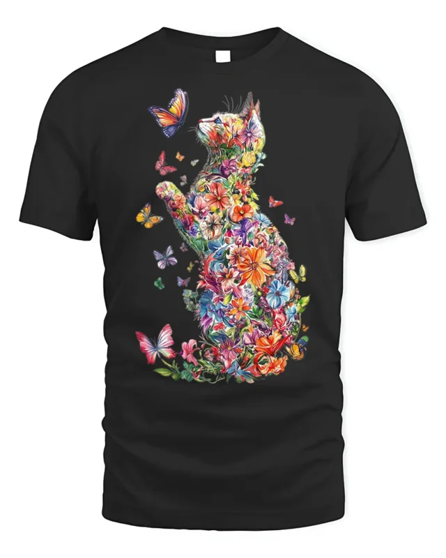 Floral Cat and Butterfly Art Graphic T-Shirt - black t-shirt on white background