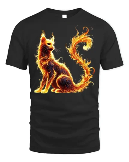 Fiery Flame Cat Fantasy Spirit Graphic T-Shirt - black t-shirt on white background