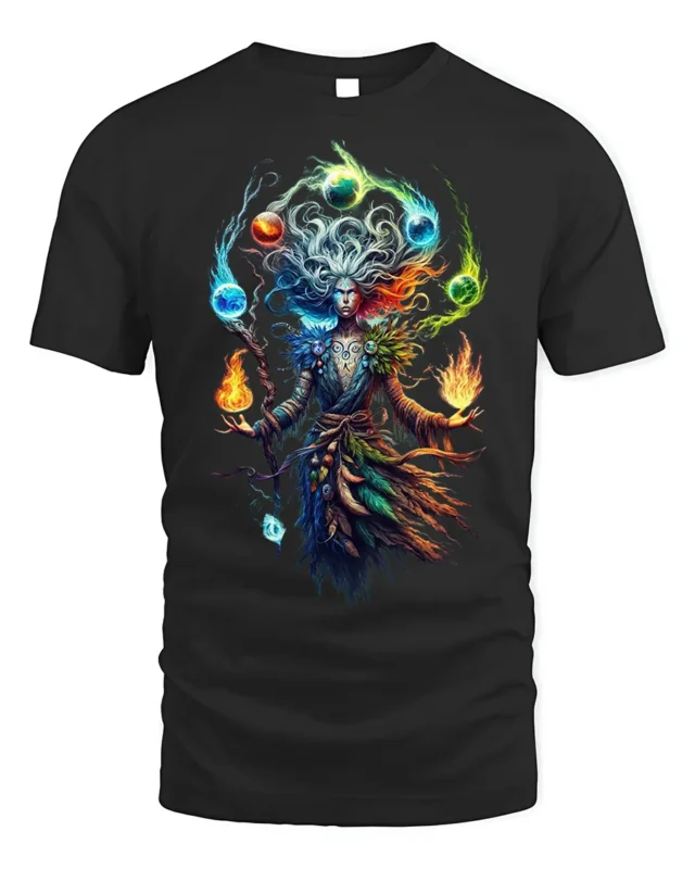 Elemental Sorcerer Fantasy Magic Graphic T-Shirt - black t-shirt on white background