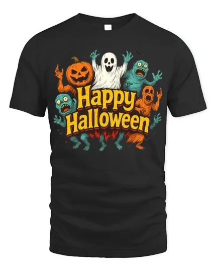 Happy Halloween Pumpkin Ghost Monster T-Shirt - black t-shirt on white background