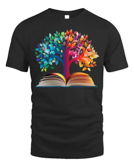 Colorful Tree of Knowledge Book T-Shirt - black t-shirt on white background