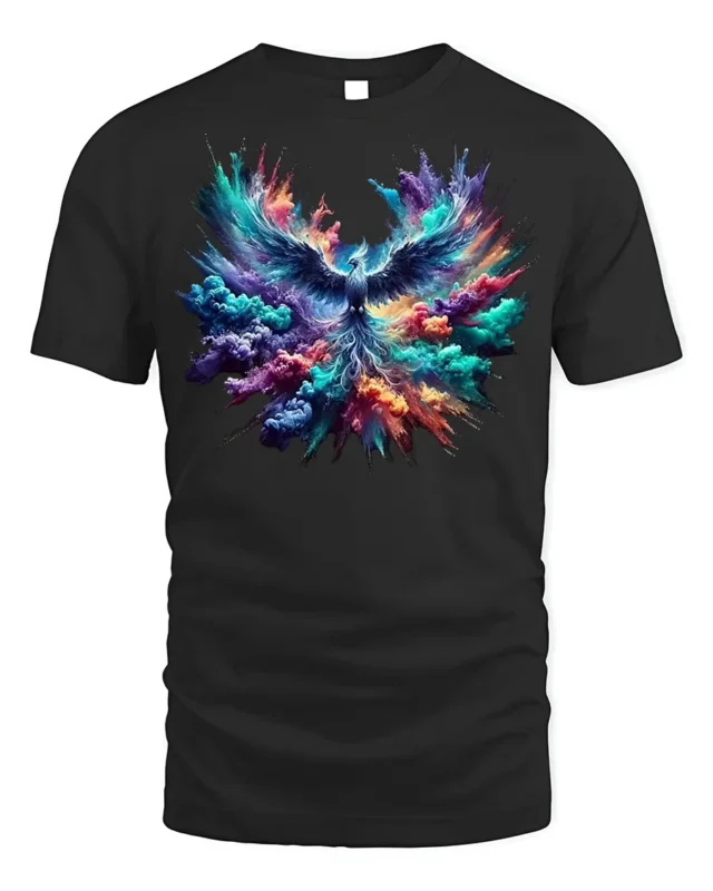Colorful Phoenix Rising Explosion T-Shirt - black t-shirt on white background