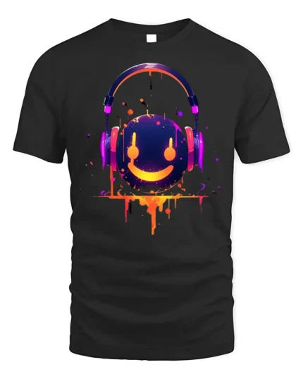 Neon Smiley Headphones Music Graphic T-Shirt - black t-shirt on white background