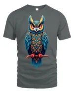 Colorful Ornate Owl Spirit Graphic T-Shirt - gray t-shirt on white background