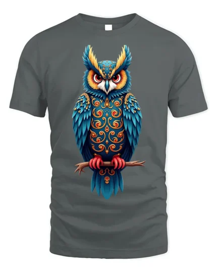 Colorful Ornate Owl Spirit Graphic T-Shirt - gray t-shirt on white background