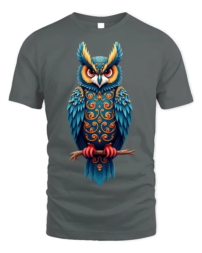 Colorful Ornate Owl Spirit Graphic T-Shirt - gray t-shirt on white background