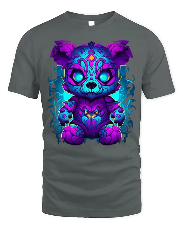 Neon Cyber Bear Fantasy Graphic T-Shirt - gray t-shirt on white background