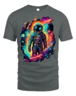 Cosmic Neon Astronaut Space Graphic T-Shirt - gray t-shirt on white background