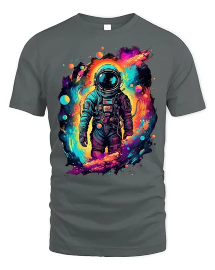 Cosmic Neon Astronaut Space Graphic T-Shirt - gray t-shirt on white background