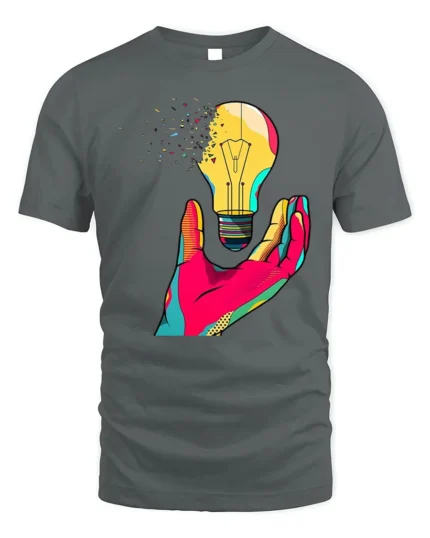Creative Pop Art Light Bulb Graphic T-Shirt - gray t-shirt on white background