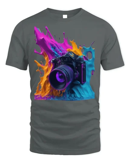 Color Splash Camera Photography Graphic T-Shirt - gray t-shirt on white background