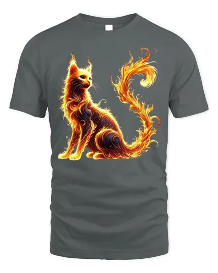 Fiery Flame Cat Fantasy Spirit Graphic T-Shirt - gray t-shirt on white background