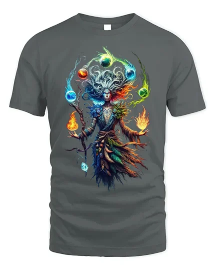 Elemental Sorcerer Fantasy Magic Graphic T-Shirt - gray t-shirt on white background