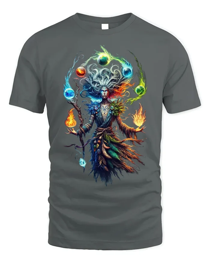 Elemental Sorcerer Fantasy Magic Graphic T-Shirt - gray t-shirt on white background