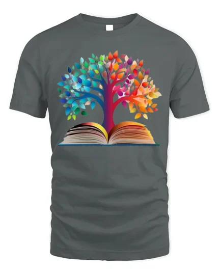 Colorful Tree of Knowledge Book T-Shirt - gray t-shirt on white background