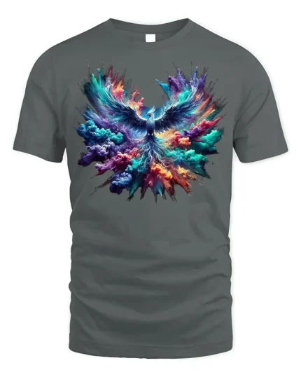 Colorful Phoenix Rising Explosion T-Shirt - gray t-shirt on white background