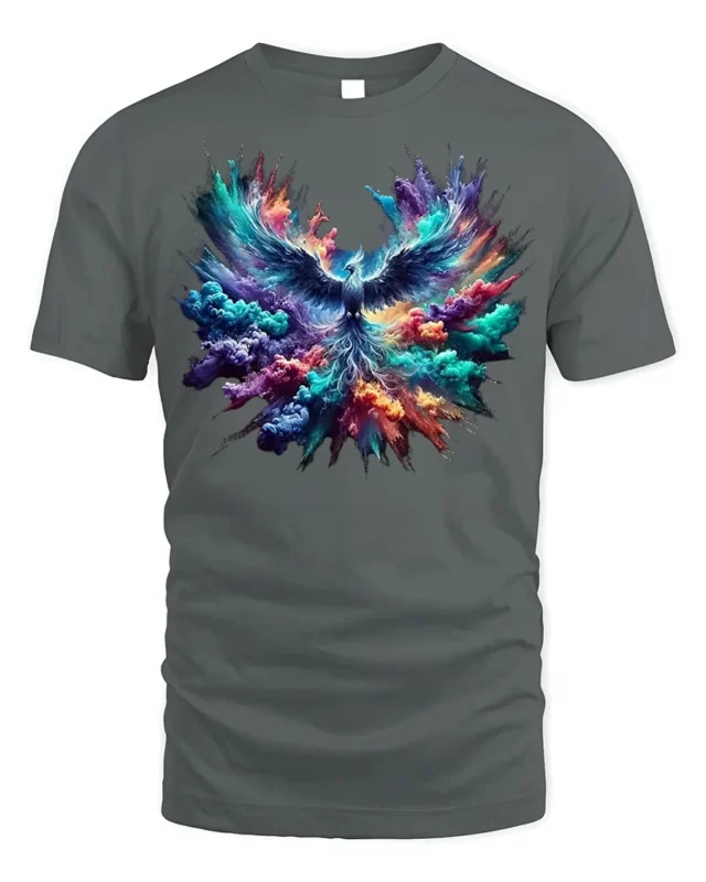 Colorful Phoenix Rising Explosion T-Shirt - gray t-shirt on white background