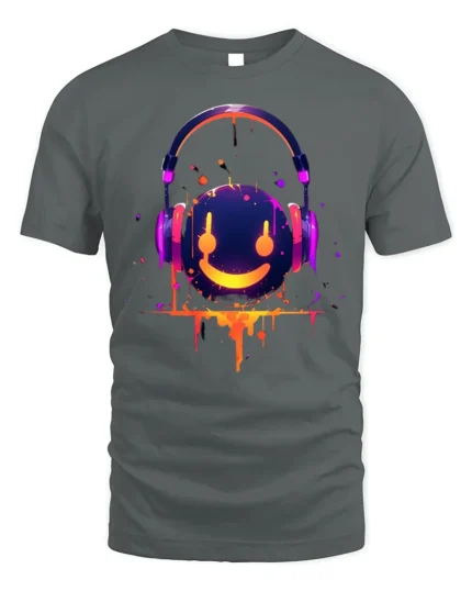 Neon Smiley Headphones Music Graphic T-Shirt - gray t-shirt on white background