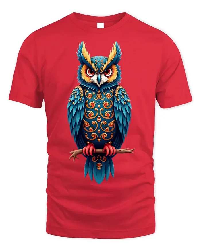 Colorful Ornate Owl Spirit Graphic T-Shirt - red t-shirt on white background