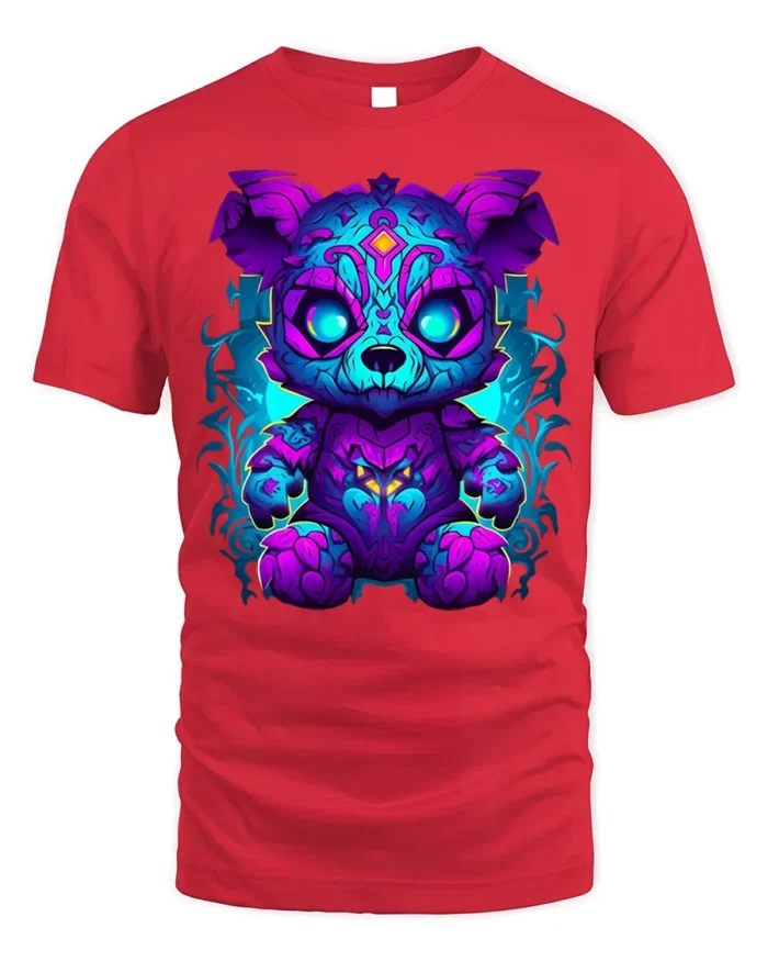 Neon Cyber Bear Fantasy Graphic T-Shirt - red t-shirt on white background