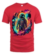 Cosmic Neon Astronaut Space Graphic T-Shirt - red t-shirt on white background