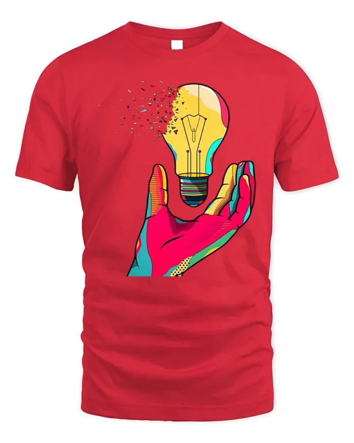 Creative Pop Art Light Bulb Graphic T-Shirt - red t-shirt on white background