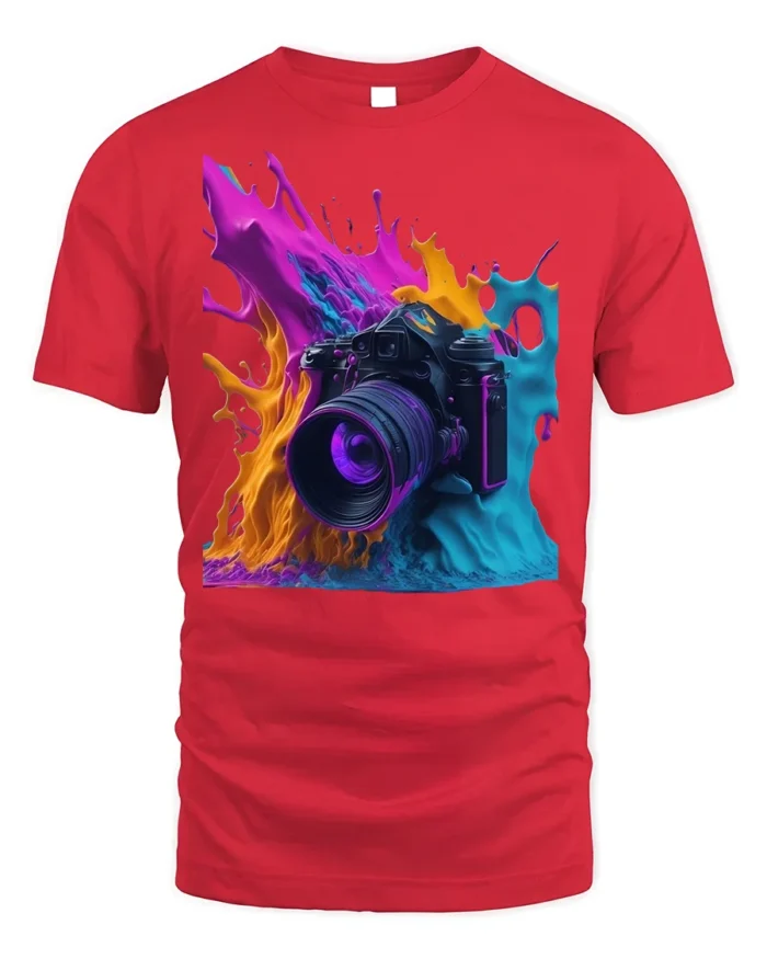Color Splash Camera Photography Graphic T-Shirt - red t-shirt on white background