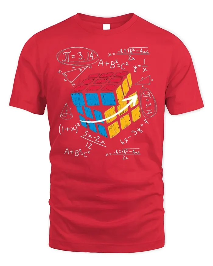 Math Equations Rubik Cube Puzzle T-Shirt - red t-shirt on white background